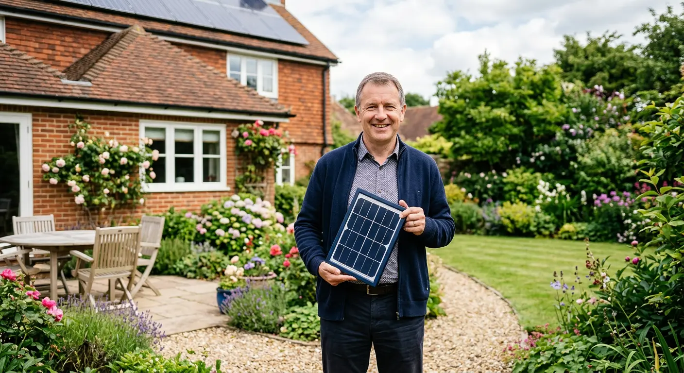 Homeowner holding a solar panel sample